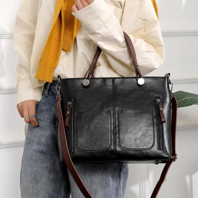 Sac à Main Vintage en Cuir Texturé à Poches Multiples