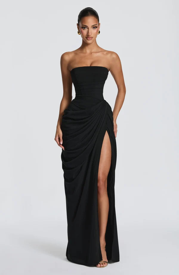 Robe Longue Bustier Drapée Fente Femme