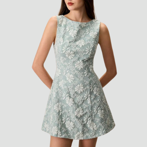 Robe Fleurie Évasée en Jacquard Sans Manches